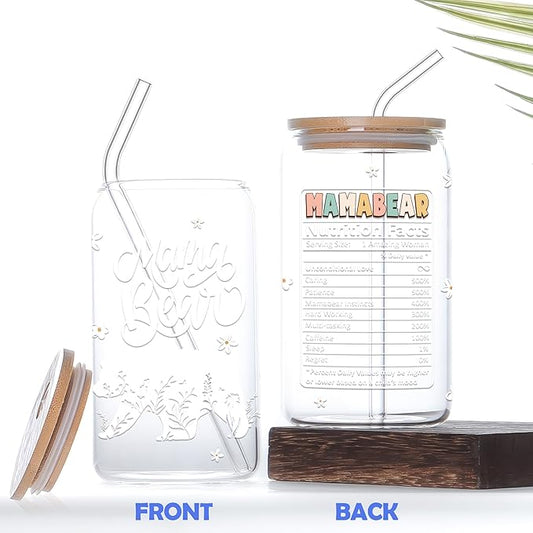 Gifts for Mom - Mama Bear 16 Oz Iced Coffee Cup with Lid and Straw Mom Glass Tumbler Mothers Day Travel Mugs Birthday Valentine Anniversary Christmas Thank You Gift for Women Mum Wife Coworkers