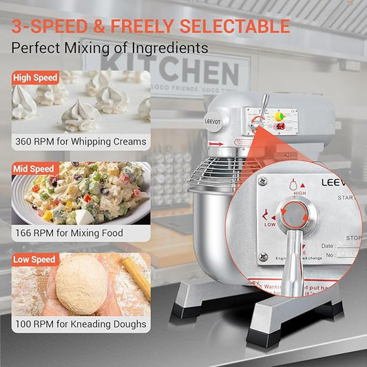 BOSBAK 20QT Commercial Planetary Stand Mixer, Heavy Duty Dough Mixer with 60-Min Timer & Splatter Guard, 3 Speeds for Kneading, Creaming, Whipping, for Bakery, Pizzeria, Restaurant