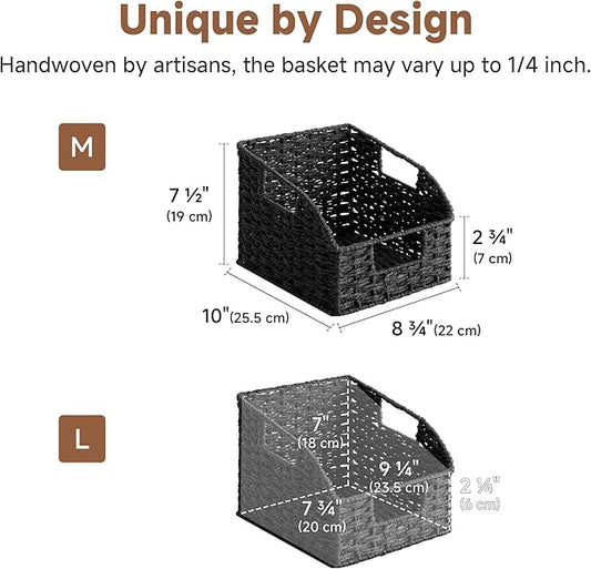 StorageWorks Pantry Organizers and Storage, Wicker Baskets with Handles, Pantry Baskets for Shelves, Paper Rope, Black, 2 Pack