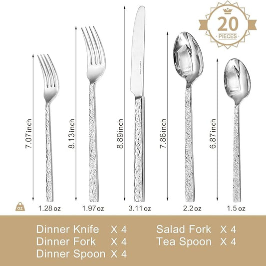 KINGSTONE 20 Pcs Hammered Silverware Set for 4, 18/10 Stainless Steel Heavy Duty Flatware Set, Tableware Cutlery Utensil Sets for Home Restaurant Dishwasher Safe