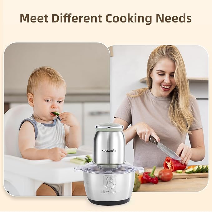 COOKZHOM Food Processor 8 Cup, 500W Electric Food Chopper,Meat Grinder with Stainless Steel Bowl and 2 Sharp Blades Set for Vegetable, Meat, Nuts, Functions for Chopping, Dicing, Mixing and Puree