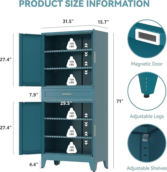 71" Tall Metal Storage Cabinet with Adjustable Shelves,Farmhouse Kitchen Pantry Cabinet with 2 Barn Doors and Drawer,Large Storage Cabinets for Dining Room,Bathroom,Living Room(Blue)
