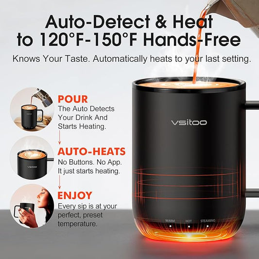 Vsitoo S3 Plus 14oz Heated Coffee Mug - Temperature Control Smart Mug with Mug Warmer, Auto-Sensing AI Heats Drinks to 120-150°F Hands-Free.Ideal for Home/Office/Gifts,Black