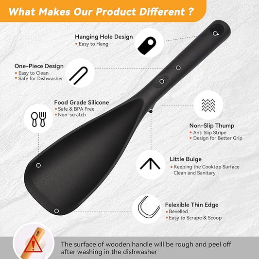 Multifunction Cooking Spoons for Nonstick Cookware, Seamless Design Silicone Spatula Spoon for Mixing, Scoop and Scrape, Dishwasher Safe, 2 Pack, Black