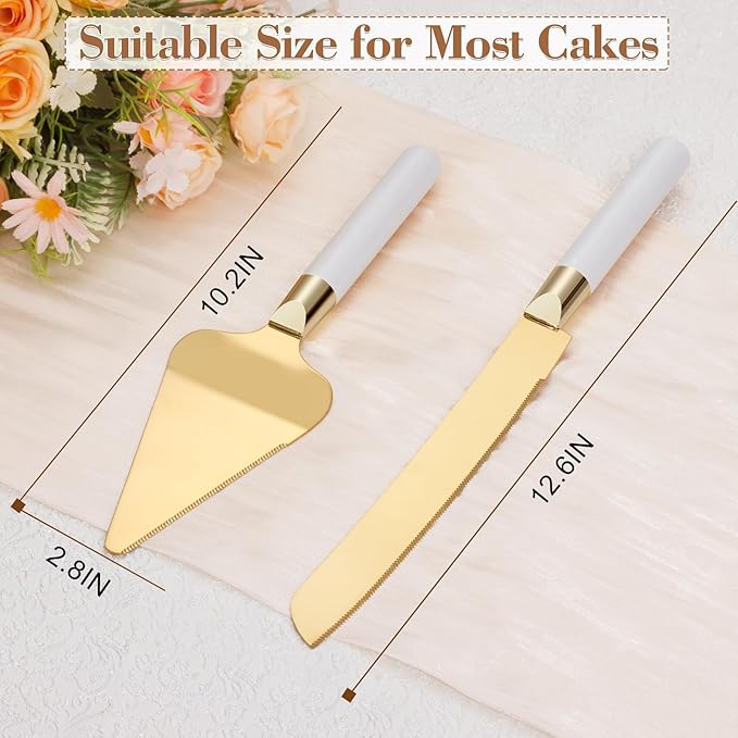 TUKDAK Gold Cake Cutting Set for Wedding, Wood Cake Knife & Server Set, Vintage 2-Piece Pie Cutter Serving Set, Serrated Pizza Utensils, Anniversary Birthday Bridal Gift (White)