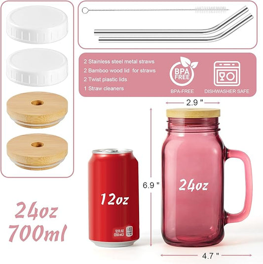 DRASTAR 24oz Drinking Glasses with Handle, Mason Jar with Lid and Straw, Mason Jars with Regular Mouth, Iced Coffee Cups, Pink
