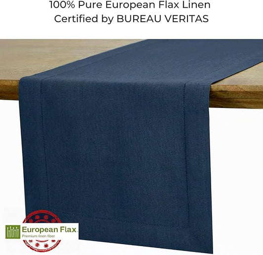 D'Moksha Homes Linen Navy Blue Table Runner 36 Inches - 100% Pure Linen Small Table Runner 14 x 36 Inch Ideal for Dresser, Coffee Tables, Easter - Classic Hemstitch
