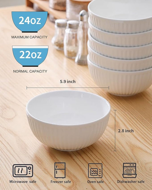 HASENSE Cereal Bowls Set Ceramic 24 Oz - 6 Inch Soup Bowl Set of 6 for Kitchen,Modern Ribbed White Porcelain Dishes for Entertaining,Soup,Oatmeal,Pasta,Cereal,Noodle - Dishwasher & Microwave Safe