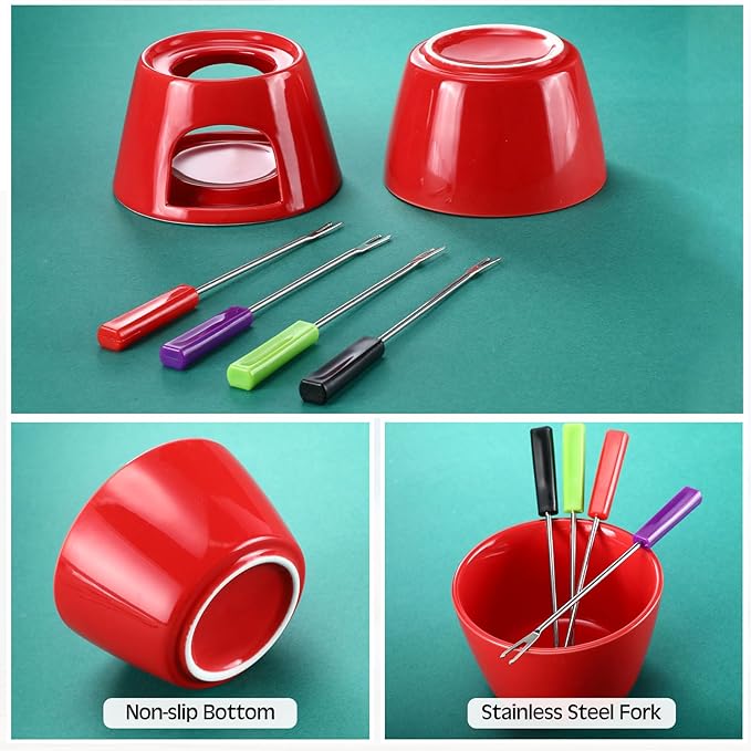 Mudder 6 Pieces Fondue Mug Ceramic Pot and 24 Pieces Forks Set for Melting Chocolate, Cheese, Broth or Tapas on Valentine's Day Gift(Red)