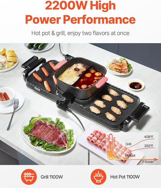 VEVOR Hot Pot with Grill, 2300W 2-in-1 Electric Smokeless Grill and Hot Pot, Removable Shabu-shabu Hotpot with Non-stick Pan, Separate Dual Temperature Control, Indoor Korean BBQ for 1-6 People