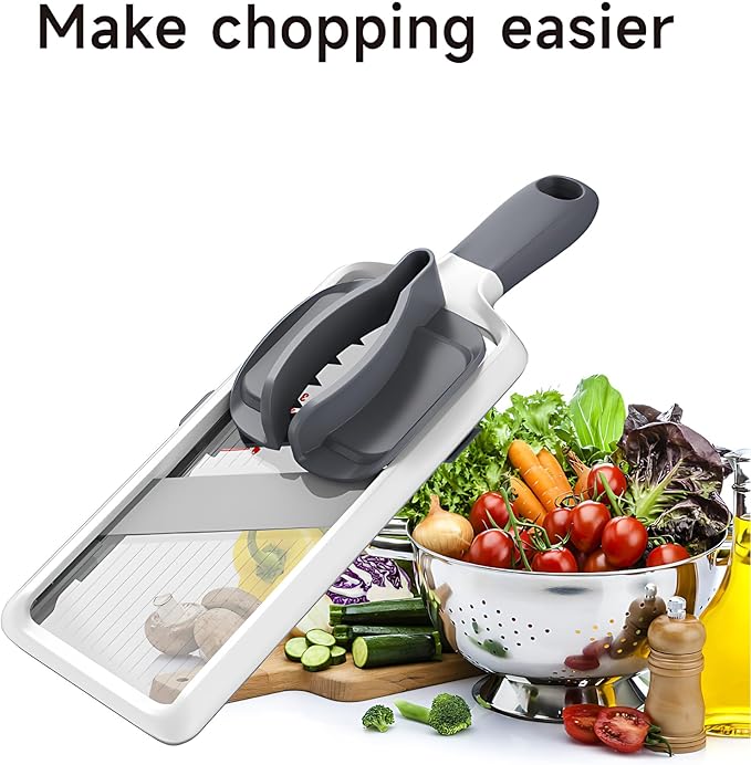 Handheld Mandoline Slicer for Kitchen - Adjustable 3-Thickness Vegetable Slicer (1mm-3mm) with Food Holder - Safe Potato Slicer & Cucumber Cutter for Salad, Easy to Clean (Gray)