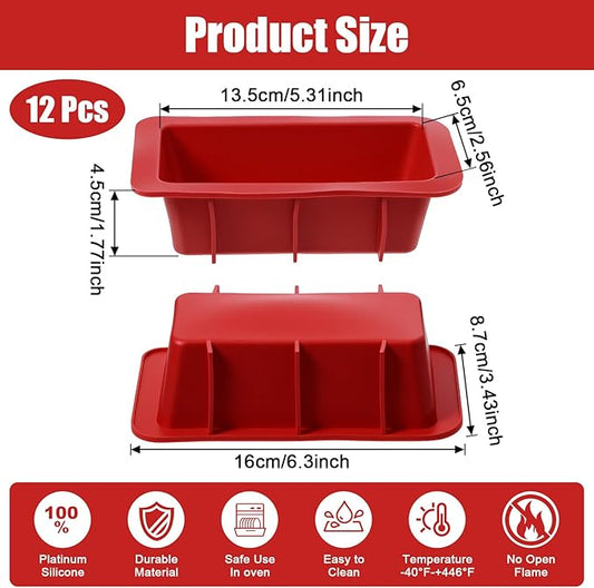 MAQUITA 12 Pack Silicone Mini Bread Loaf Pans for Baking, Small Silicone Bread Loaf Pan Set, Rectangular Non-Stick Baking Mold Pans for Oven, Bread, Cake, Easy Release (Red)