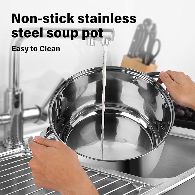 LEUGWAKN Stainless Steel Stockpot with Lid - 10 Quart Soup Pot for Induction Cooking