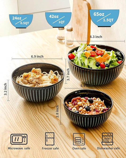 HASENSE Mixing Bowls of 3, Porcelain Ribbed Bowls 1.5/1/0.5 Qt For Kitchen, Cooking, Baking and Serving Prep Bowls for Salad, Pasta, Modern Kitchen Dish Dishwasher & Microwave Safe, Blue