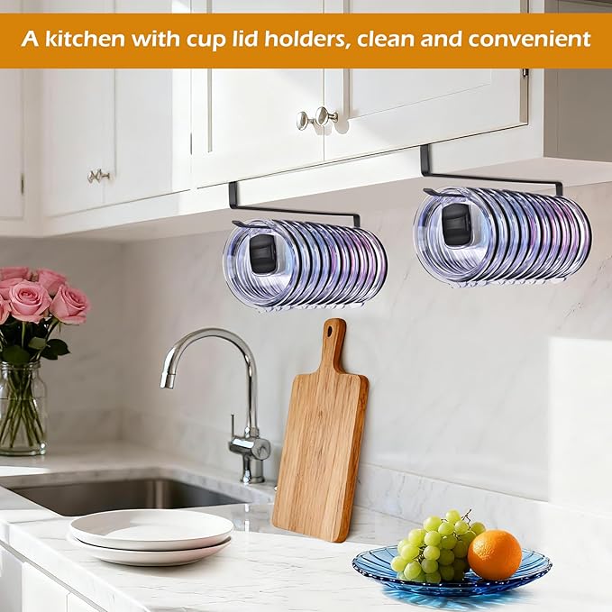 Tumbler Lid Organizer, Kitchen Space-Saving Cup Holder, Organizers for Under Cabinet Storage, No Glue or Drilling Required (Black)