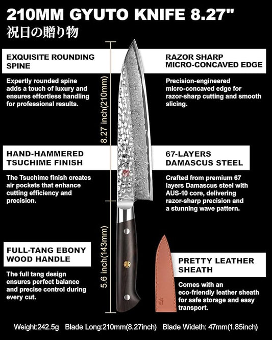 Japanese Chef Knife 8.27 Inch Kitchen Knife with 67 Layers Damascus Steel AUS-10 Core, Professional chefs Knife with Full-Tang Ebony Wood Handle and Premium Gift Box(Hammered Damascus Series)