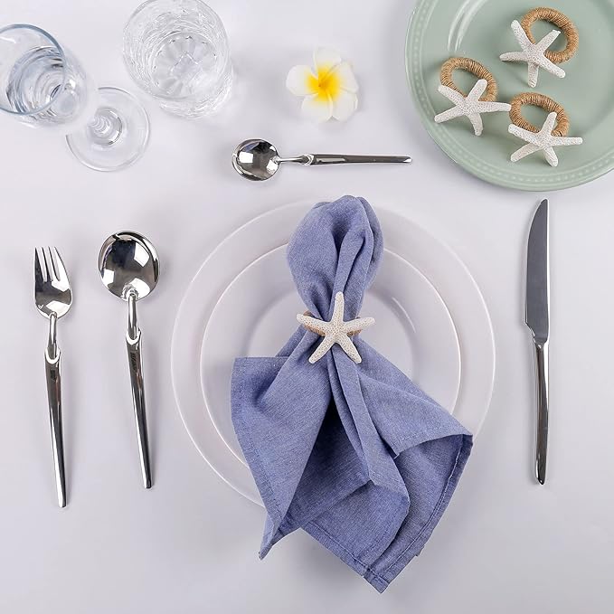 Napkin Rings Set of 6,White Sea Star Napkin Holders for Crafts,Starfish Serviette for Tables,Summer,Wedding, Birthday, Banquet, Thanksgiving Day, Christmas