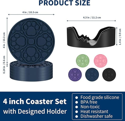 Blue Silicone Coasters with Holder, 4 Inch Non-Slip Coffee Round Cup Mats, Modern Bar Coaster Set of 6 for Desk, Table, Drink, Beer, Berverage - Dishwasher Safe