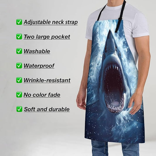 Fierce Shark Print Apron for Women, 28x33in, Kitchen Chef Aprons with 2 Pockets, Polyester, Ocean Shark Apron for Cooking BBQ Baking Gardening Chef, Gifts for Mom Wife Dad