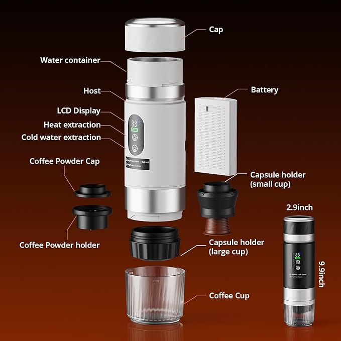 Portable Espresso Maker, Travel Coffee Maker for camping, Portable Espresso Machine with USB-C, 3-in-1 Small Espresso Machine with Ground Coffee & Capsules (NS&DG) for RV (White (Two Batteries))