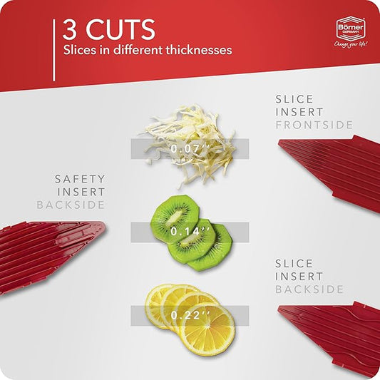 Mandoline Food Slicer Borner V1 (Basic Set) by Reston Lloyd • V-Slicer with Food Holder • Made in Germany • Fruit & Vegetable Chopper • Multiple Settings • Color: Red
