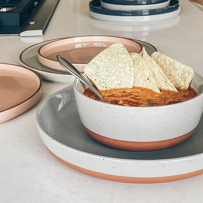Mora Ceramic Flat Bowls Set of 4-25 oz- For Soup, Salad, Rice, Cereal, Breakfast, Dinner, Serving, Oatmeal, etc - Microwave, Dishwasher and Oven Safe Porcelain Bowl for Eating and Kitchen- Earl Grey