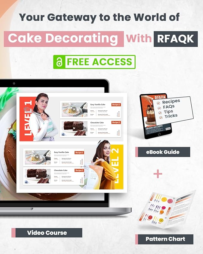 RFAQK 200PCs Cake Decorating Kit with Cake Turntable & Leveler, Baking Supplies Gift Includes 110+1 Piping Bags,55 Icing Tips,2 Frosting Spatulas, Adjustable Scraper, Video Tutorial, Booklet & more