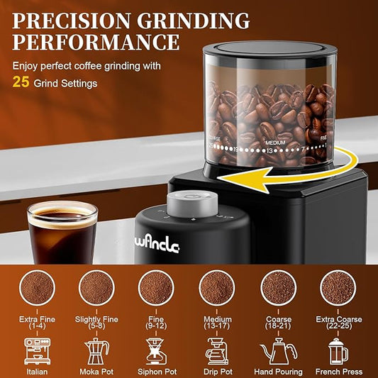Wancle Conical Burr Coffee Grinder Electric - 200W Compact Automatic Coffee Bean Grinder with 25 Setting Adjustable, Low Noise Espresso Coffee Grinder,One-Touch Operation with Self-Cleaning Blower