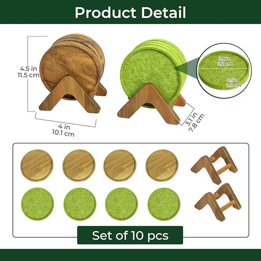 Acacia Wood Coaster Set of 8 with Holder - Dual-Material Design (4 Wood & 4 Absorbent Felt Pads) - 3" Non-Slip Furniture Protectors for Coffee Table, Home Bar & Office, Round Coaster Set