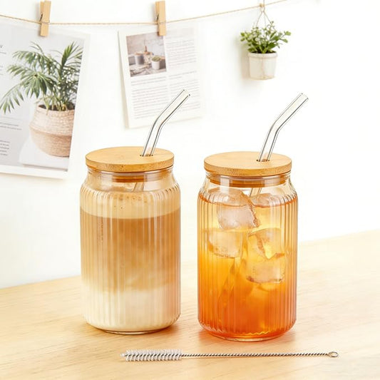 2 PCS Glass cups with Lids and Straws, 16 OZ Iced Coffee Cups, Ribbed Glass Tumbler with Straw and Bamboo Lid, Thick Drinking Beer Glasses for Coffee, Juice, Match Cup with Cleaning Brush (Yellow)