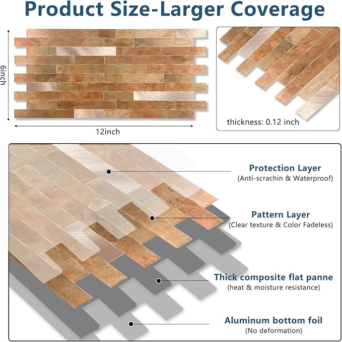 Yipscazo 10 Sheets PVC Wall Tiles Stick on Tiles for Backsplash Kitchen, Bathroom, Laundry Room, Camper, Fireplace (6'' X 12'', Copper Metal)