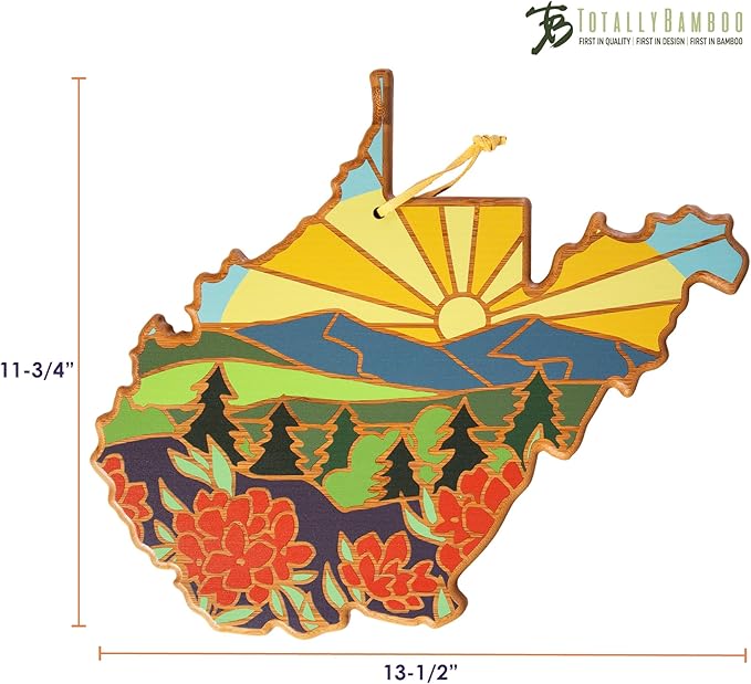 Totally Bamboo West Virginia State Shaped Cutting Board and Charcuterie Serving Platter with Artwork by Summer Stokes, Includes Hang Tie for Wall Display