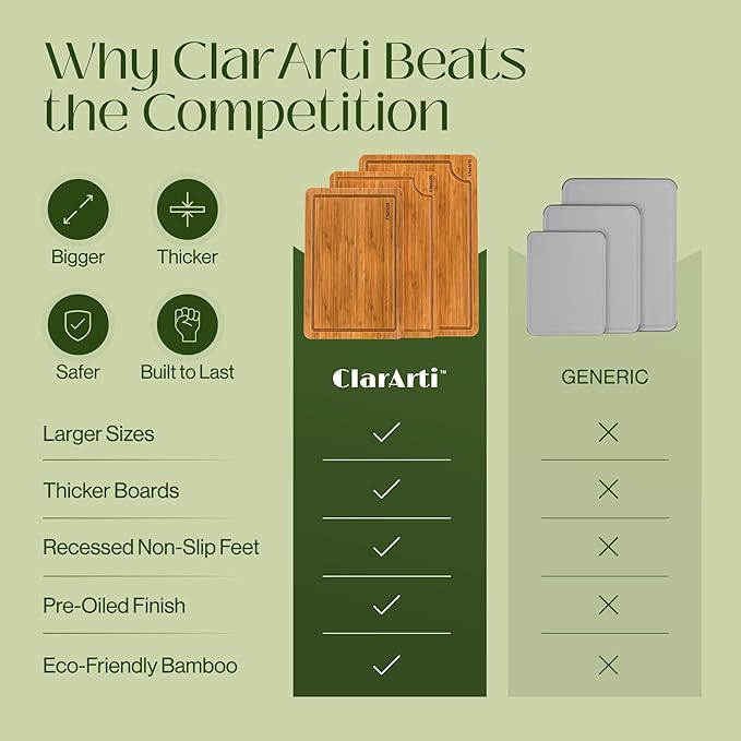 ClarArti - Organic Bamboo Cutting Boards for Kitchen – Set of 3 Non-Toxic Wood Cutting Board with Non-Slip Design – Durable Anti-Slip Bamboo Boards for Chopping & Serving
