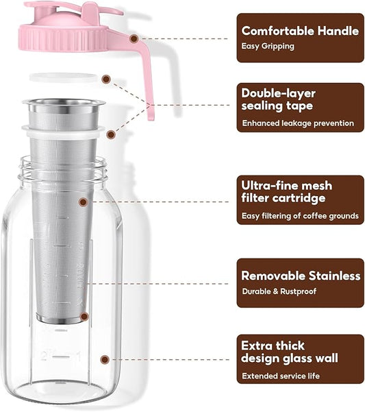 AHOMSEL Cold Brew Coffee Maker Jar - 2 Pack 64 oz Glass Cold Brew Maker with Handle, Stainless Steel Filter & Leak-Proof Lid, Heavy Duty Cold Brew Pitcher for Iced Coffee, Sun Tea, and Milk