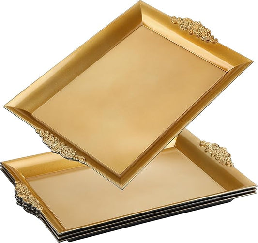 4 Pcs Gold Tray 14" x 10" Rectangle Decorative Plastic Serving Trays with Embossed Rims for Party Anniversary Wedding Bridal Shower, Baby Shower, Birthday, Cake Dessert Display