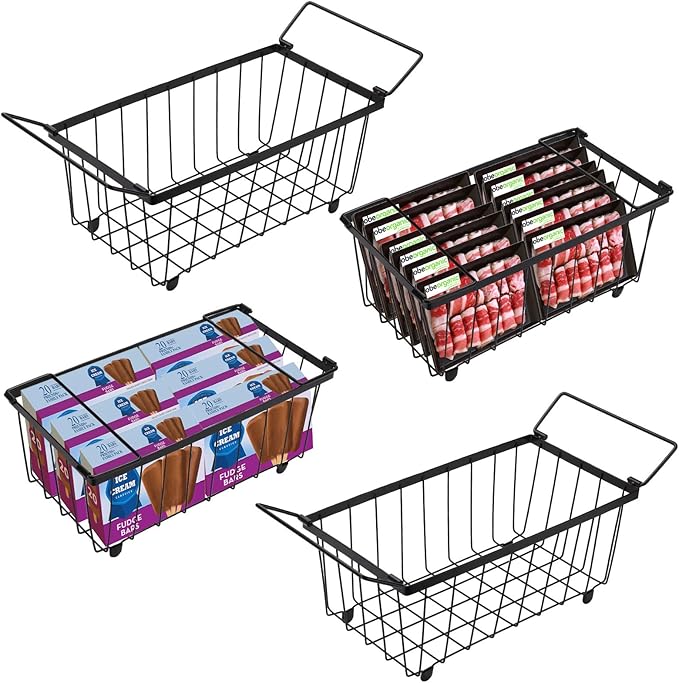 Freezer Organizer Bins 4 Pack Stackable Chest Freezer Organizer for 5 and 7 Cu.FT Deep Freezer Metal Wire Storage Basket with Side Handles Pantry Organization Bins, Get Food Easily