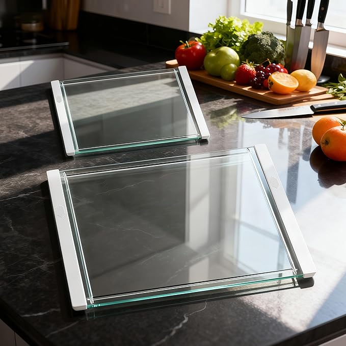 Tempered Glass Cutting Board Set for Kitchen Counter - Dishwasher Safe with Juice Grooves, Non-Slip Silicone Edges & Beveled Grip - 16"x12" & 12"x8" Serving Tray (White-2PCS)