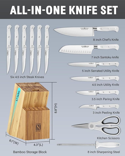 Cook N Home Kitchen Knife Set with Bamboo Storage Block 15-Piece, High Carbon Stainless Steel Blade, White