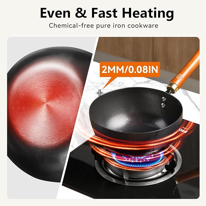 WANGYUANJI Carbon Steel Wok with Lid, 8.7" Small Mini Wok Pan, Thickened Heavy Duty Flat Bottom for Deep Frying, Camping & Solo Meals, Induction Ready, Seasoning Required