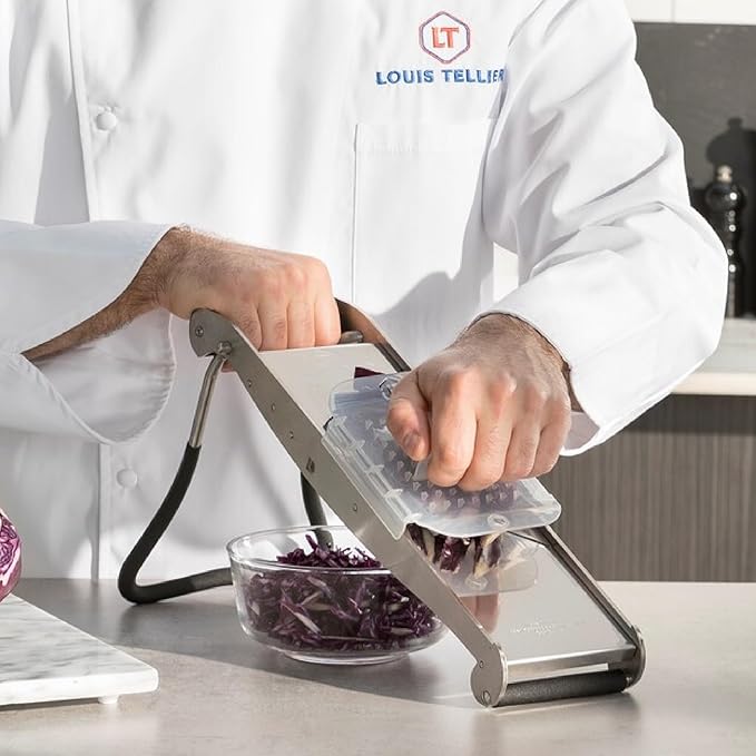 LOUIS TELLIER - Professional Mandoline Slicer - Stainless Steel - with Pusher and Ergonomic Stand - Compact-PRO - Includes 2 Julienne Blades (0.16 in & 0.4 in)