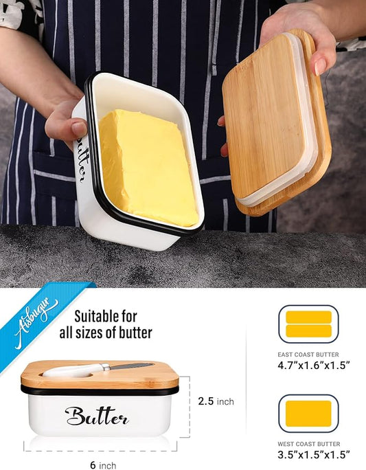 Butter Dish with Lid: Butter Dish for Countertop- AISBUGUR Metal Butter Keeper with Stainless Steel Multipurpose Butter Knife,Large Butter Container with Silicone Home Decor Kitchen Gift White
