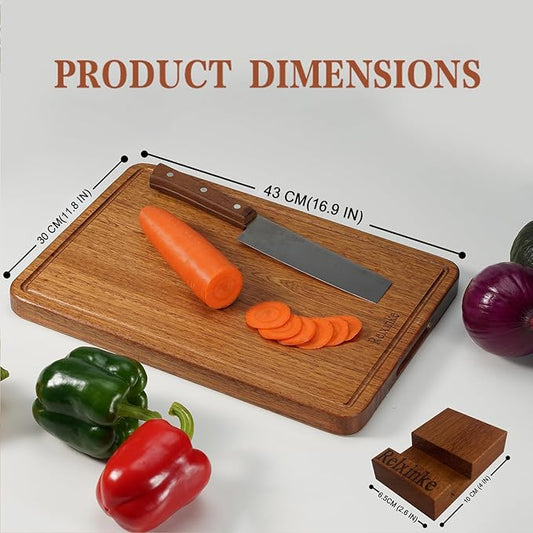 Relxinke Solid Teak Wood Cutting Board One Piece Non Glued Large Thick Crack Resistant Wooden Chopping Board with DeepJuice Grooves Built in Handles for Kitchen Meat Vegetable 16.9x11.8 IN