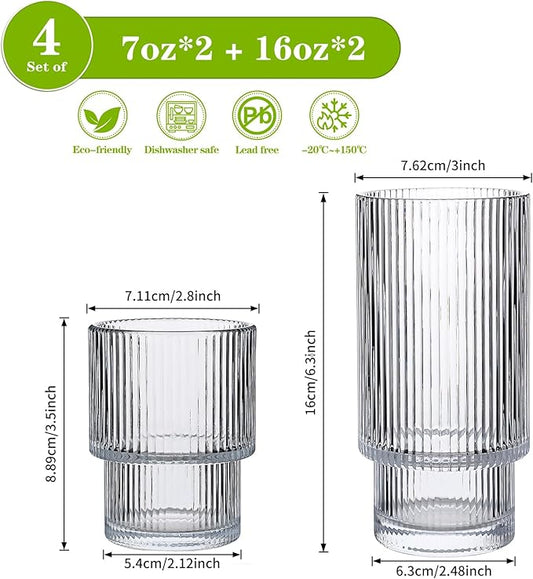 Ribbed Drinking Glasses Set of 4, Stackable Cute Kitchen Glasses Cups 16oz and 7oz Iced Coffee Glasses cocktail Glass cup for Water, Beverage, Whiskey