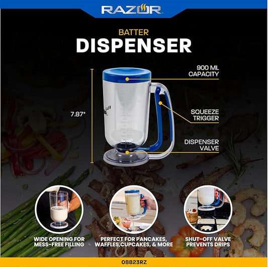 RAZOR Pancake Batter Dispenser, Pancakes & Waffles Batter Dispenser for Cakes, Muffins, Crepes, Cupcake for Baking, Cooking on Stovetop, Griddles, Prevents Drip, Easy Squeeze Trigger Handle Dispensers