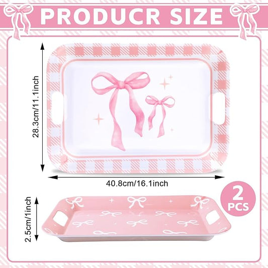 gisgfim 2Pcs Valentine's Day Serving Trays Pink Bow Coquette Party Decorations Large Melamine Serving Platters with Handles for Girls Bachelorette Bow Party Decor Wedding Dessert Birthday Supplies