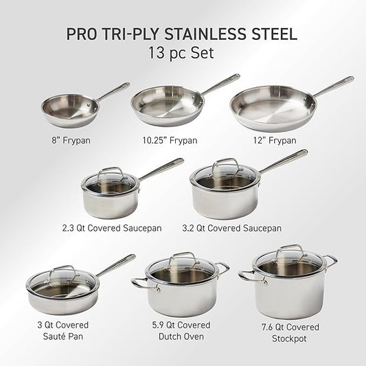 T-Fal Pro Tri-Ply Stainless Steel Cookware Set 13 Piece Induction Compatible, Oven Safe 500F, Lids 350F, Fast & Even Heat, Pots and Pans Set, Professional Quality, Kitchen Essentials, Silver