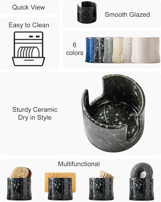 Sponge Holder for Kitchen, Ceramic Sink Scrub Sponge Rack Dish Rack Scrubbers Holder for Kitchen Sink, Bathroom, Black