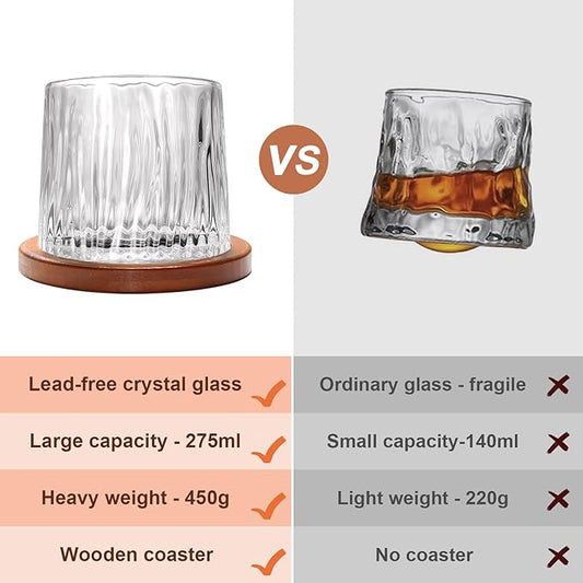 Rotatable Old Fashioned Glass, 275ml/10oz Crystal Whiskey Glass Set of 4, Wood Coaster, Thickening, Used as Rum Glass, Cocktail Cup, Coffee Cup, Milk Cup to Relax and Reduce Stress, Christmas gifts