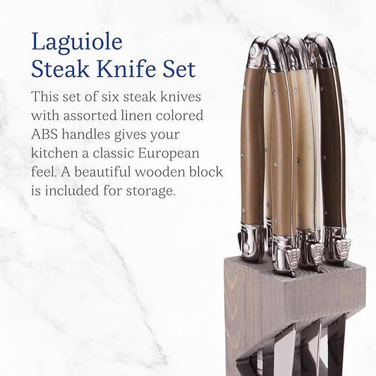 Jean Dubost 6 Steak Knives Linen Handles in a Wood Block