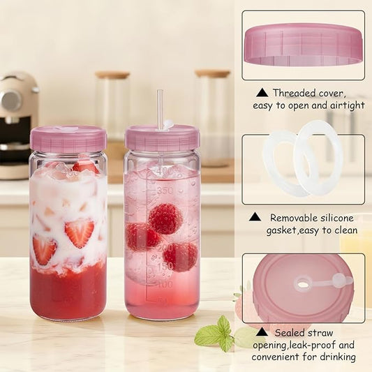 Ruckae 16oz 10 Pack Glass Juice Bottles with Dual Scale, Reusable Glass Bottles with Hole Lids and Straws Mason Jar for Juicing, Smoothies, Kombucha - Water Bottle for Fridge or Gym (Pink)